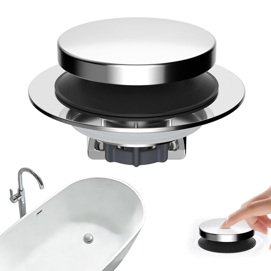 Hibbent 3 in 1 Metal Bathtub Drain Stopper, Universal Pop Up Tub Stopper, Bathtub Drain Hair Catcher, Removable Filter Basket, Anti-Clogging Drain Plug for 1.5''~2.4'' Drain, Brass Bullet Core, Chrome