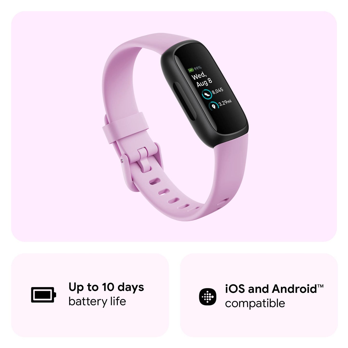 Google Fitbit Inspire 3 Health and Fitness Tracker with Stress Management, Workout Intensity, Sleep Tracking, 24/7 Heart Rate and More, Lilac Bliss/black, One Size (S and L Bands Included)