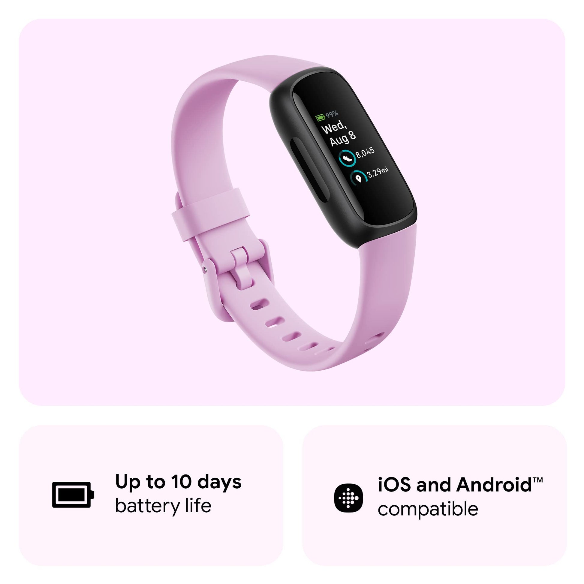 Google Fitbit Inspire 3 Health and Fitness Tracker with Stress Management, Workout Intensity, Sleep Tracking, 24/7 Heart Rate and More, Lilac Bliss/black, One Size (S and L Bands Included)