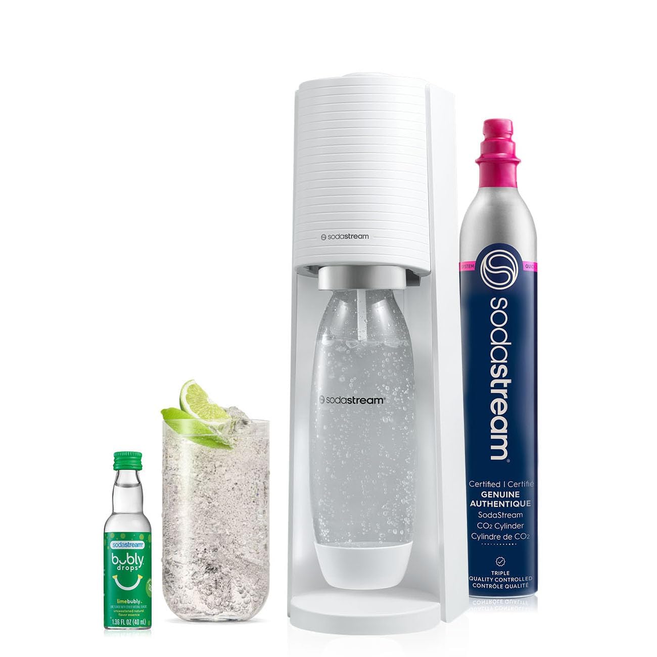 SodaStream Terra Sparkling Water Maker Bundle (White), with CO2, DWS Bottle, and Bubly Drops Flavors Sodastream