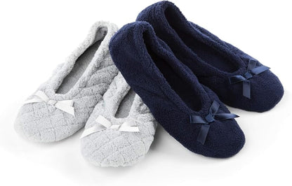 isotoner Women's 2 Pack Ballerina Slipper Quilted and Solid Ballet Flat, Light Grey Quilted, Navy Blue Solid, 9.5-10.5 isotoner