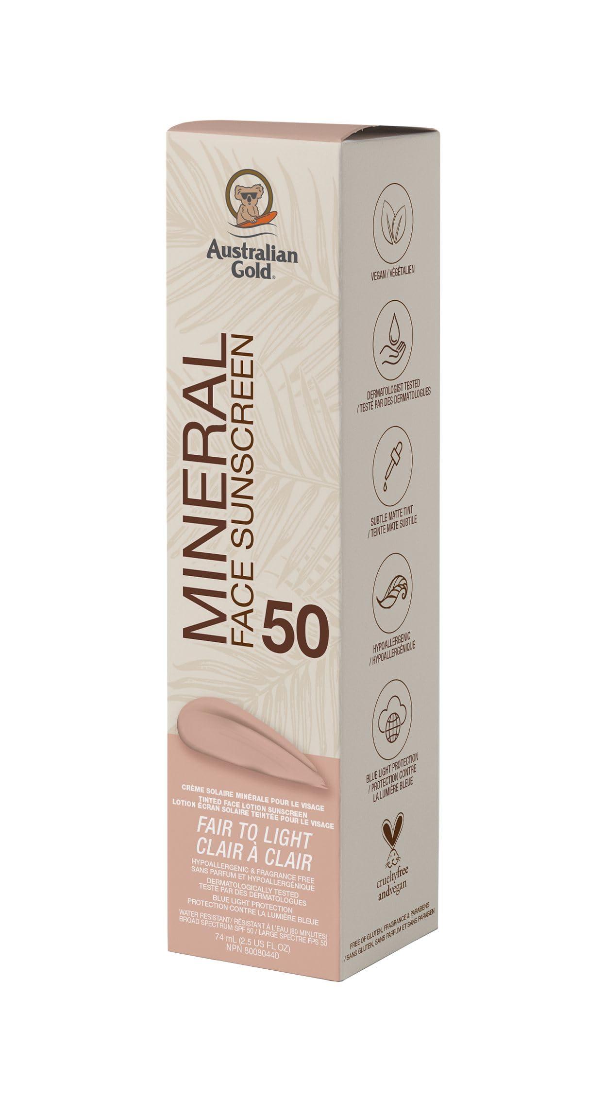 Australian Gold Mineral Face Sunscreen SPF 50 Tinted Fair to Light Fragrance Free BB Cream, 74ml Australian Gold