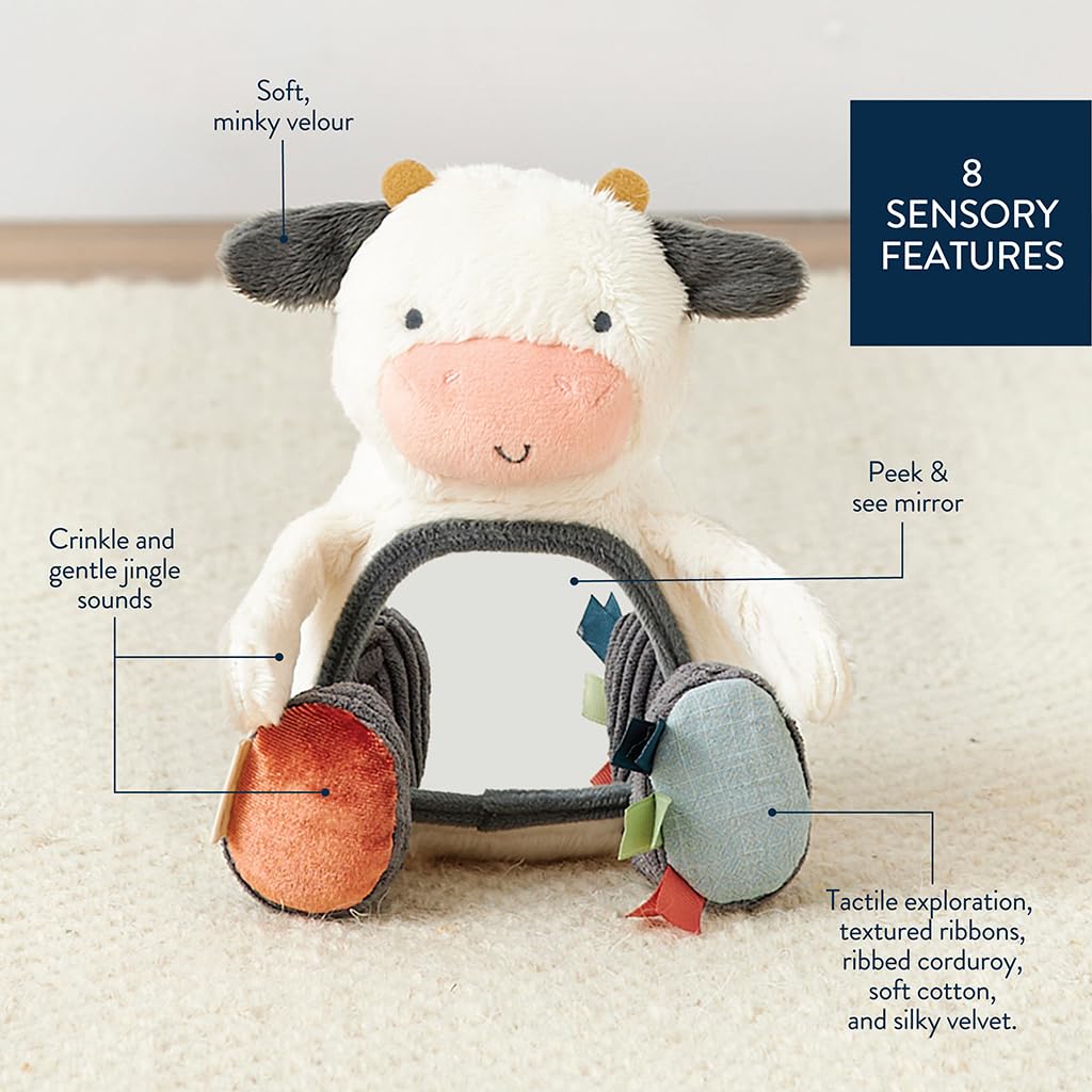 Itzy Ritzy Sensory Tummy Time Toy Mirror - Features Crinkle & Jingle Sounds, Multiple Textures and Mirror for Self-Discovery, Infant Toy For Ages 0 Months and Up, Cow Itzy Ritzy