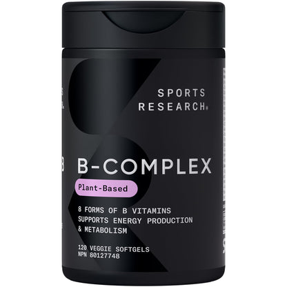 Sports Research® Vitamin B-Complex - Full Spectrum of B Vitamins with Methylated B12 & Folate - Gluten Free · Plant-Based · Non-GMO · Vegan-Friendly Formula - 120 Veggie Softgels - Available at All In One Marketplace Canada