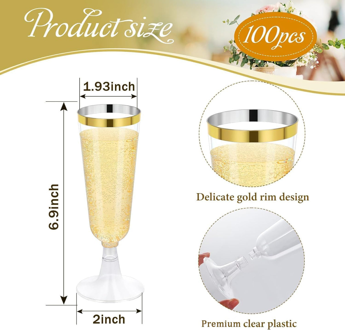 100 Pack 5oz Clear Disposable Plastic Champagne Flutes with Gold Rim 🍁 All In One Marketplace Canada