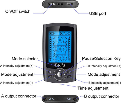 Belifu Dual Channel TENS EMS Unit 24 Modes Muscle Stimulator for Pain Relief Therapy, Electronic Pulse Massager Muscle Massager with 10 Pads, Dust-Proof Drawstring Storage Bag，Fastening Cable Ties - Available at All In One Marketplace Canada