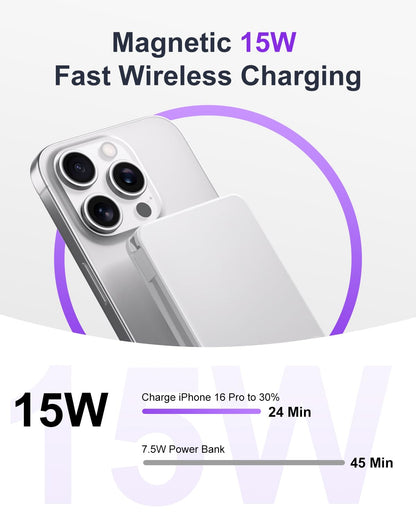 Magnetic Power Bank, 10,000mAh Wireless Portable Charger for Mag-Safe 15W Fast Charging, Battery Pack with USB-C/Lightning Cable 22.5W in/Out for iPhone 17/16/15/14/13/12 Series, AirPods & More - Available at All In One Marketplace Canada