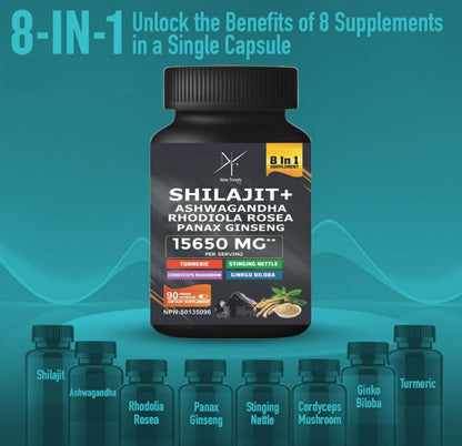 8-in-1 Shilajit Himalayan Organic Supplement with Shilajit 9000, Ashwagandha 2000MG, Rhodiola Rosea 1000MG, Panax Ginseng 1500MG, Cordyceps Mushroom 500MG, Gingko Biloba 500MG, Stinging Nettle 250MG, Turmeric (15,250 MG - 90 Caps) - Available at All In One Marketplace Canada
