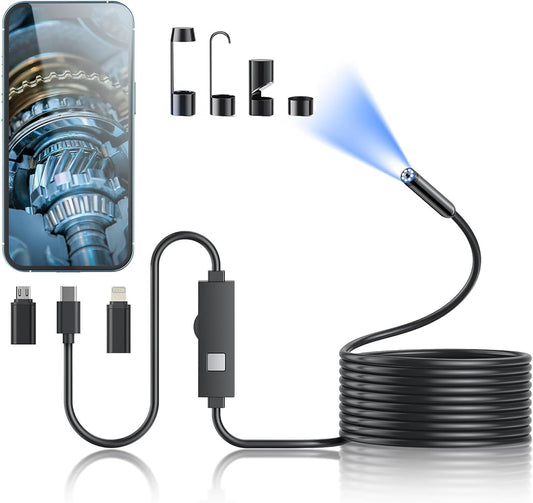 Kinpthy Endoscope Camera with Light,1920P HD Borescope Tools with 8 Adjustable LED Lights, Endoscope with Semi-Rigid Snake Camera, Inspection Borescope for iOS and Android-16.4ft Single Lens