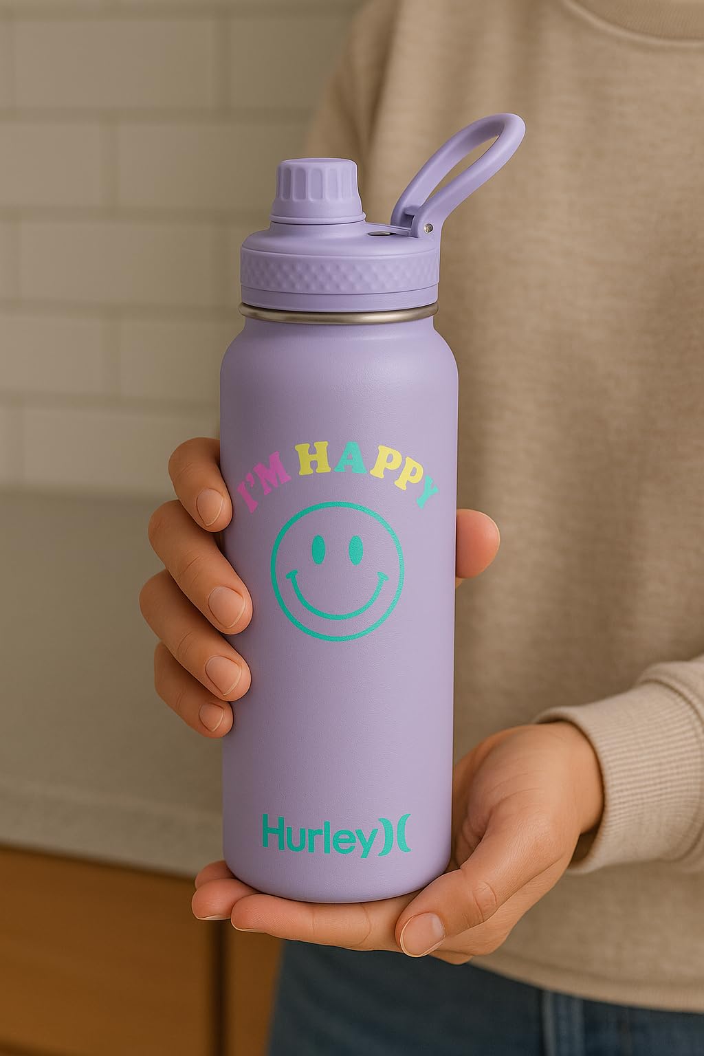 Hurley 32 Oz Reusable Water Bottle with Chug Cap Stainless Steel Sports Bottle "I'M HAPPY" Design with Handle on Lid, Purple