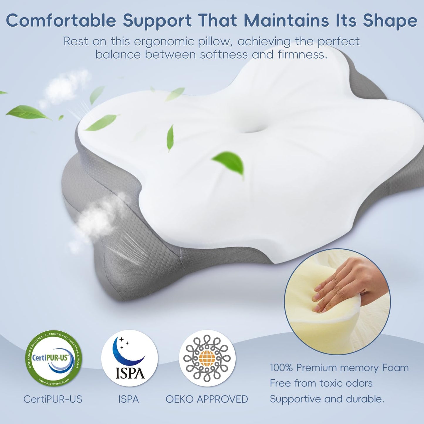 SNUGUP Ergonomic Cervical Neck Pillow, Memory Foam Neck Support Pillow with Contoured Design, Breathable Removable Pillowcase, for Side Back Stomach Sleepers, White - Available at All In One Marketplace Canada