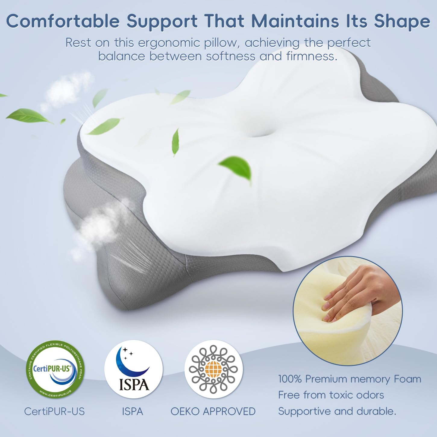 SNUGUP Ergonomic Cervical Neck Pillow, Memory Foam Neck Support Pillow with Contoured Design, Breathable Removable Pillowcase, for Side Back Stomach Sleepers, White - Available at All In One Marketplace Canada