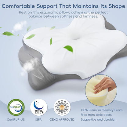 SNUGUP Ergonomic Cervical Neck Pillow, Memory Foam Neck Support Pillow with Contoured Design, Breathable Removable Pillowcase, for Side Back Stomach Sleepers, White - Available at All In One Marketplace Canada