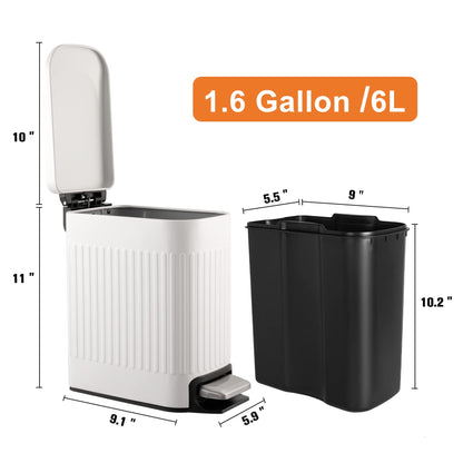 TrashAid Slim Bathroom Trash Can with Lid Soft Close, 6 Liter/1.6 Gallon Stainless Steel Small Garbage Can with Removable Inner Bucket, Step Pedal, Slim Wastebasket for Toilet, Office, Bedroom, White - Available at All In One Marketplace Canada