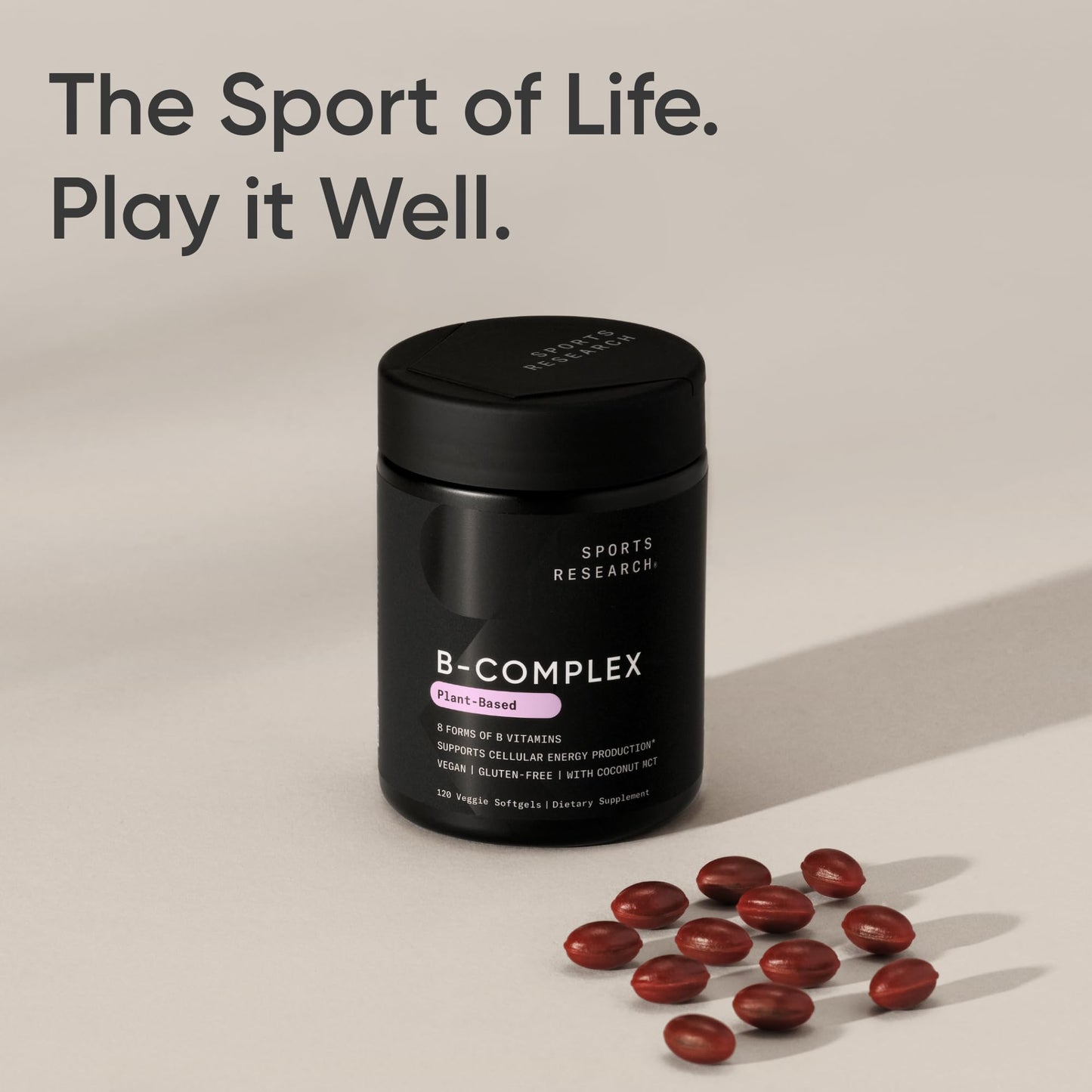 Sports Research® Vitamin B-Complex - Full Spectrum of B Vitamins with Methylated B12 & Folate - Gluten Free · Plant-Based · Non-GMO · Vegan-Friendly Formula - 120 Veggie Softgels - Available at All In One Marketplace Canada