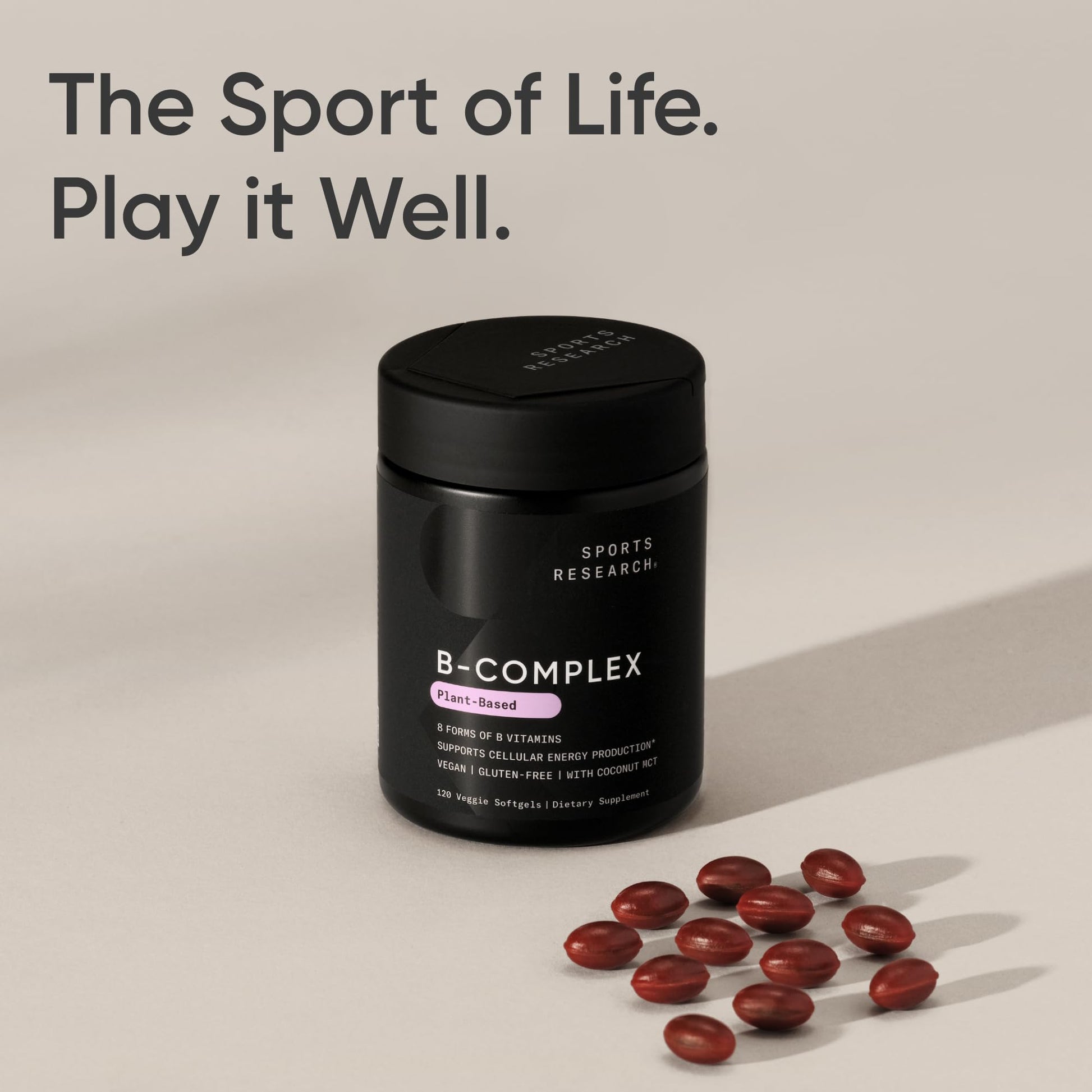 Sports Research® Vitamin B-Complex - Full Spectrum of B Vitamins with Methylated B12 & Folate - Gluten Free · Plant-Based · Non-GMO · Vegan-Friendly Formula - 120 Veggie Softgels - Available at All In One Marketplace Canada