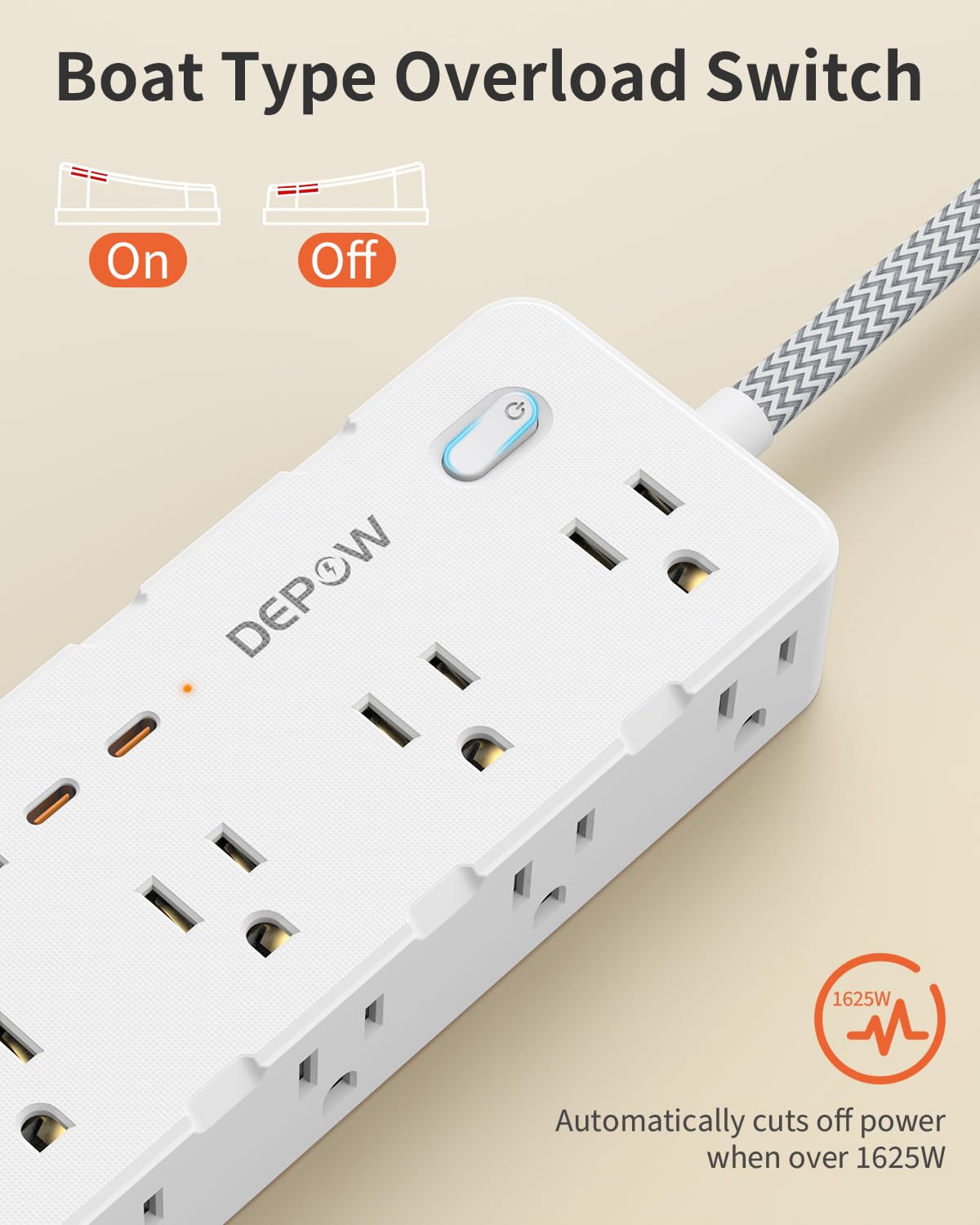 DEPOW Power Bar Surge Protector with 5FT Braided Flat Extension Cord, Wall Mount Charging Station with 8 Outlets 4 USB Ports(2 USB C), Ultra Thin Flat Plug for Home Office, Dorm, Hotel, Travel - Available at All In One Marketplace Canada