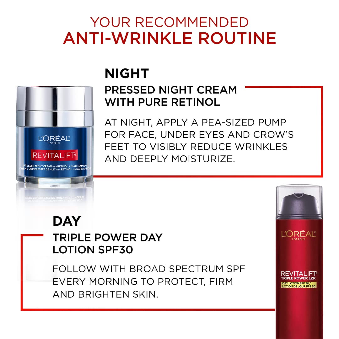 L'Oreal Paris Retinol Pressed Night Cream with Niacinamide, Reduces the Look of Wrinkles & Hydrates Skin, Revitalift Triple Power LZR, Skincare, 47 ml L'Oreal Paris
