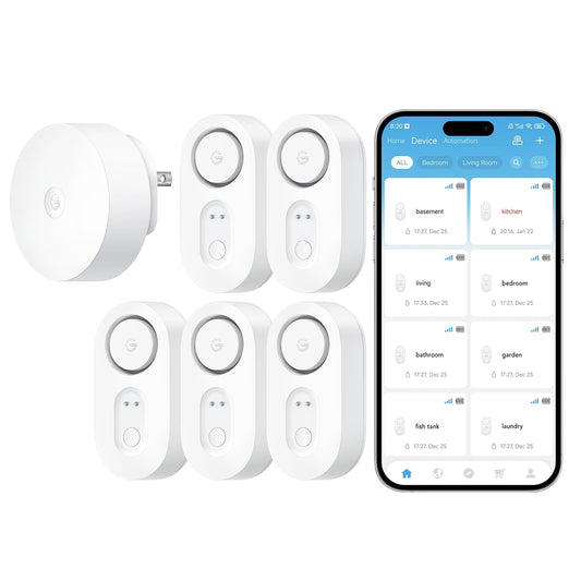 GoveeLife Upgraded Smart Water Leak Detector 1s with 1804ft Ultra-Long Range, WiFi Water Sensor with SMS/Email/APP Push and Sound Alarm, 5-Year Battery Life, 5 Pack, Suit for Home, Basement, Kitchen