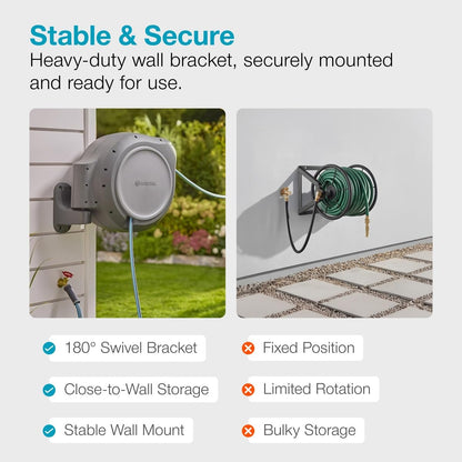 GARDENA 20502-80, Retractable Garden Hose Reel 75' x 1/2" Hose, Wall Mounted, Automatic Retraction & Length Lock for Easy Watering. Heavy Duty Swivel Bracket 180°, Includes Nozzle. Made in Europe 🍁 All In One Marketplace Canada GARDENA