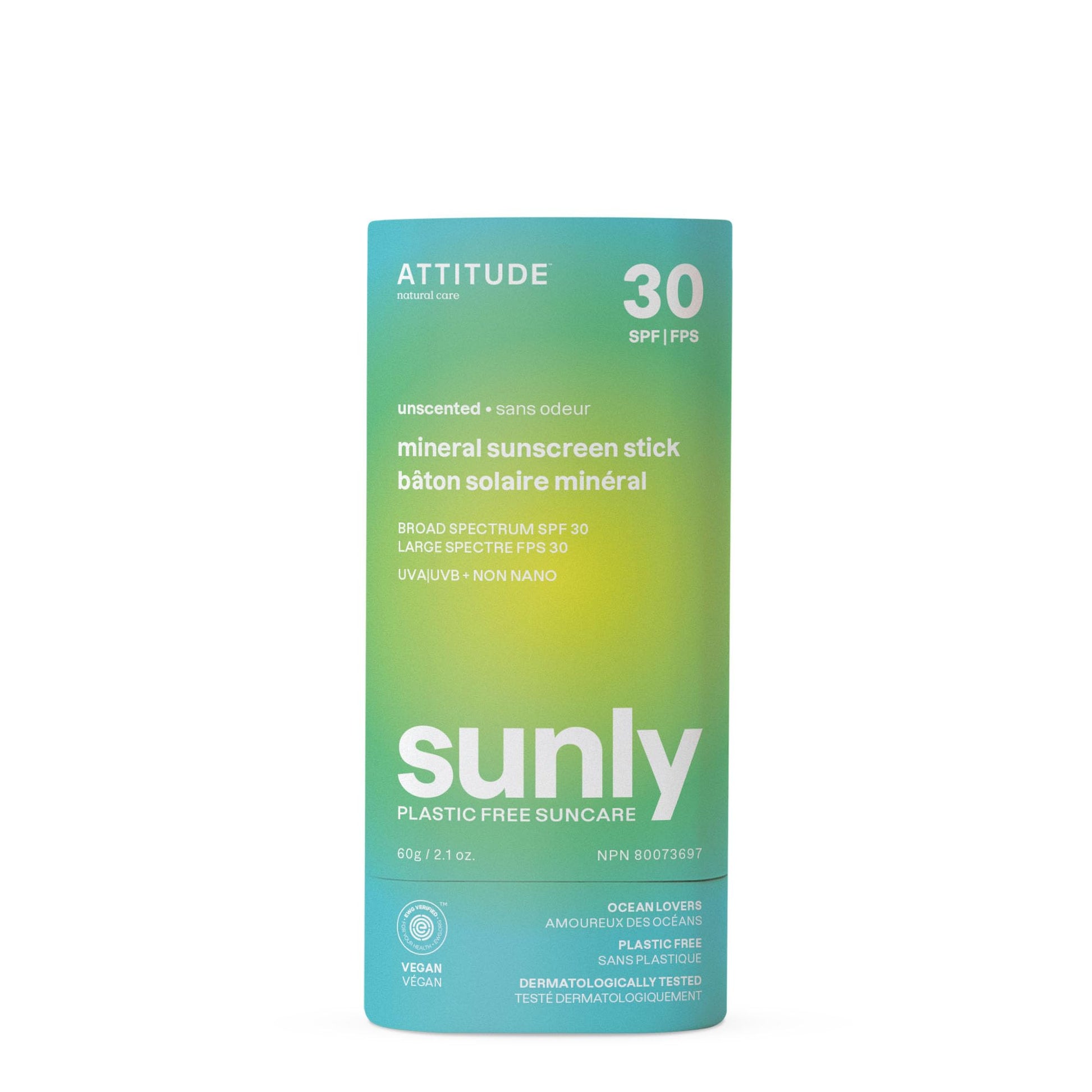 ATTITUDE Mineral Sunscreen Stick with Zinc Oxide, SPF 30, Made in Canada, EWG Verified,Plastic-Free, Broad Spectrum UVA/UVB Protection, Dermatologically Tested, Vegan, Unscented, 60 grams ATTITUDE