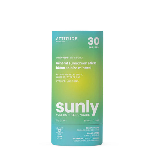 ATTITUDE Mineral Sunscreen Stick with Zinc Oxide, SPF 30, Made in Canada, EWG Verified,Plastic-Free, Broad Spectrum UVA/UVB Protection, Dermatologically Tested, Vegan, Unscented, 60 grams ATTITUDE