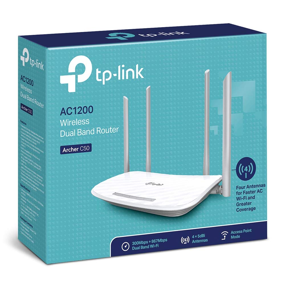 TP-Link AC1200 WiFi Router (Archer C50) - Dual Band Wireless Internet Router, 4 x 10/100 Mbps Fast Ethernet Ports, Supports Guest WiFi, Access Point Mode, IPv6 and Parental Controls TP-Link