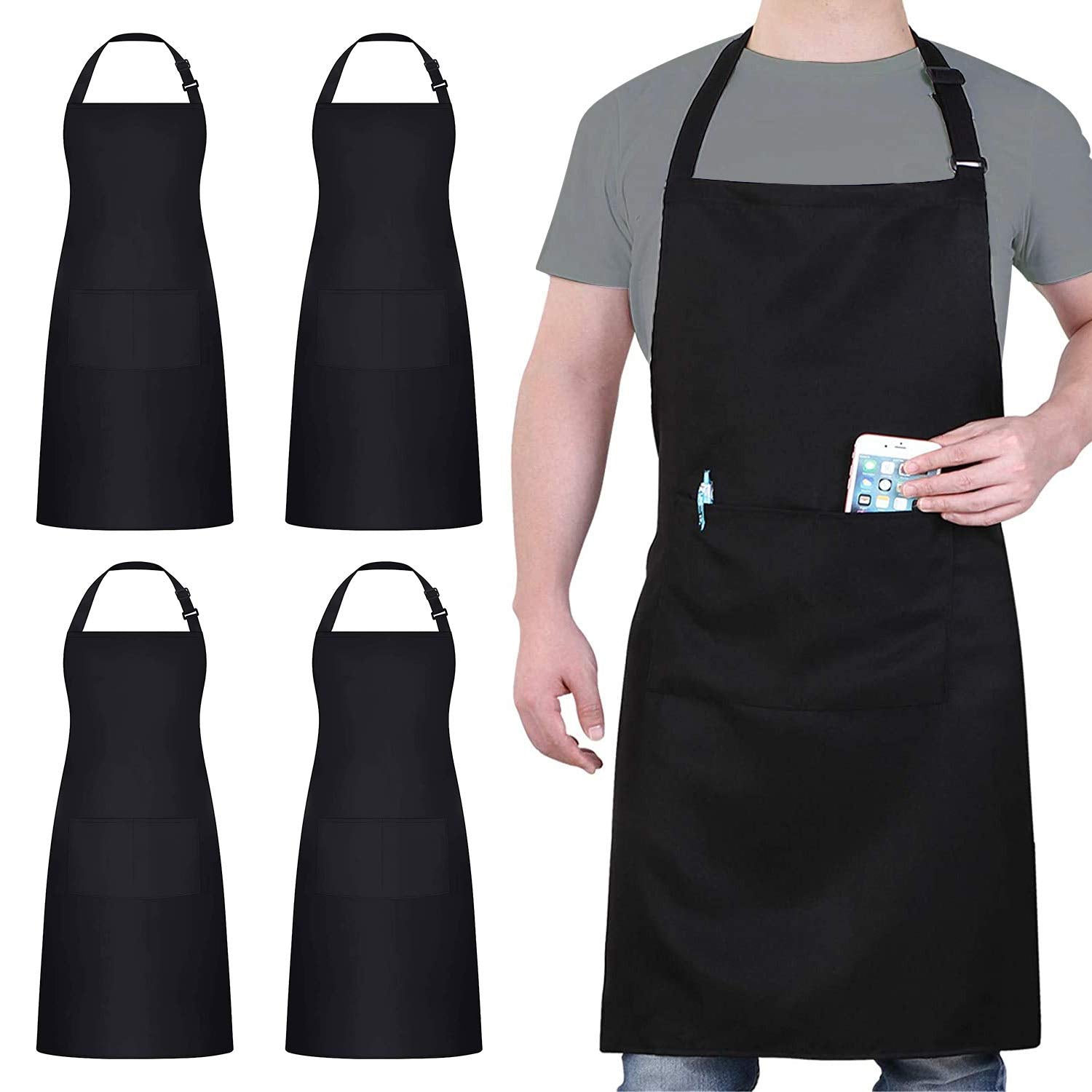 4 Packs Chef Apron, Black Waterproof Apron, Adjustable Apron with 2 Pockets for Men Women, Professional Apron for Kitchen Cooking Gardening Painting Baking Restaurant (Black) - Available at All In One Marketplace Canada