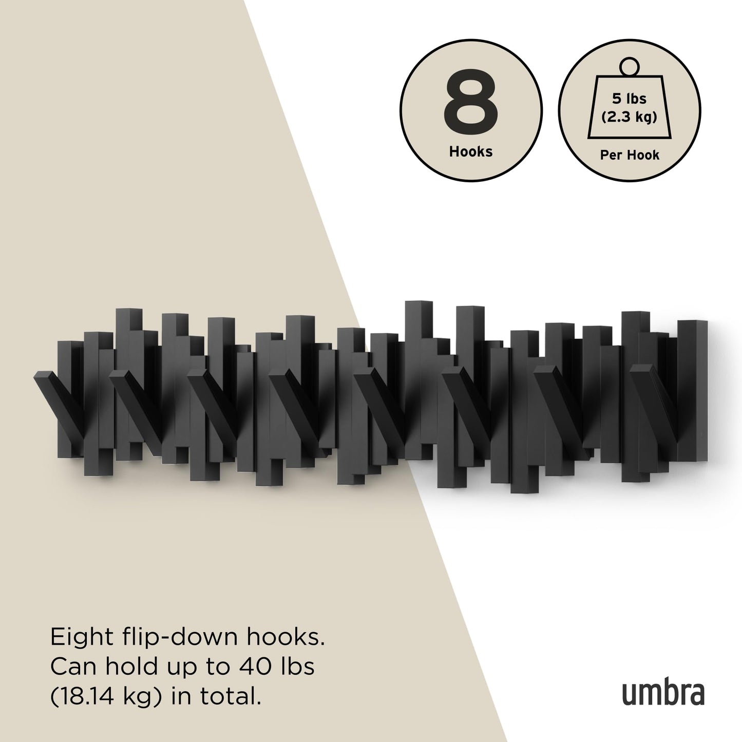 Umbra Sticks Wall-Mounted Coat Rack Rail Hook with 8 Retractable Pegs – Modern, Space-Saving Storage Organizer, Black Umbra