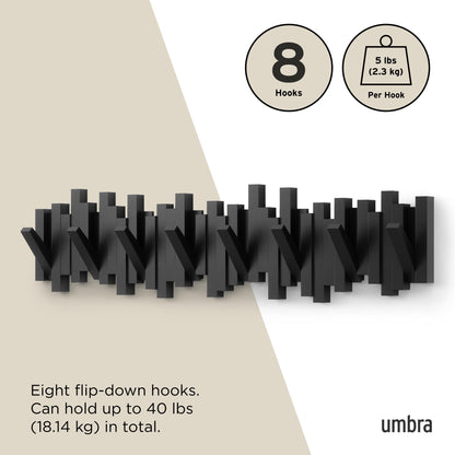Umbra Sticks Wall-Mounted Coat Rack Rail Hook with 8 Retractable Pegs – Modern, Space-Saving Storage Organizer, Black Umbra