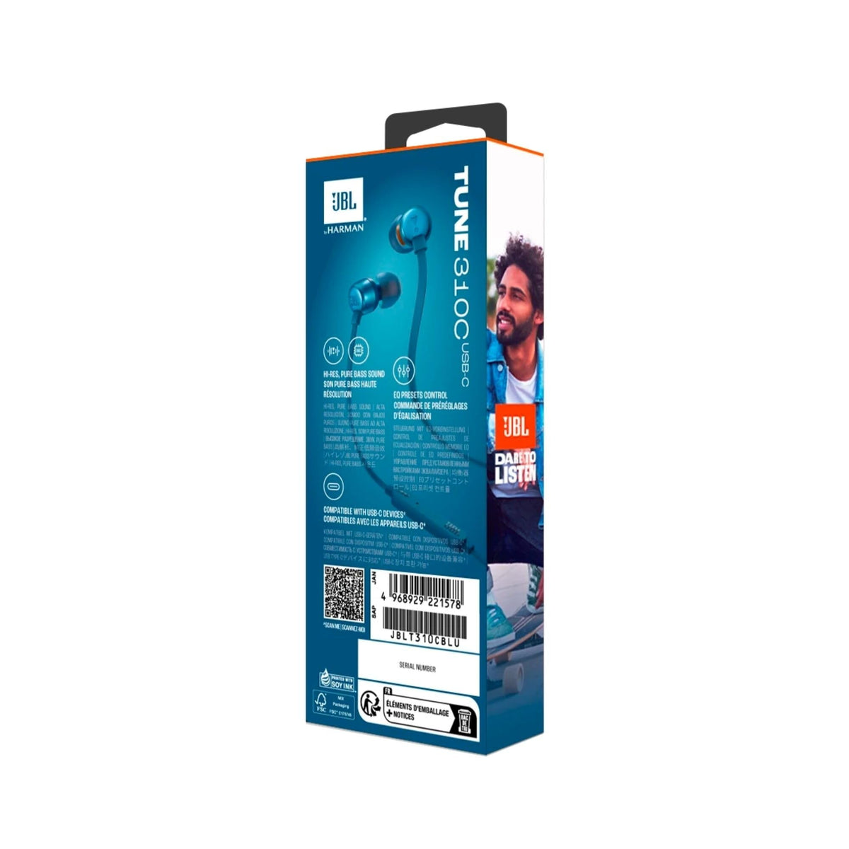 JBL Tune 310C - USB-C Wired Hi-Res in-Ear Headphones, Tangle-Free Flat Cable, 3-Button Remote with Microphone (Blue)
