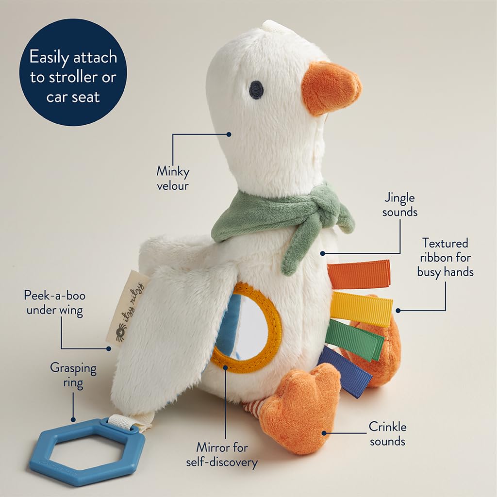 Itzy Ritzy Bitzy Traveler Car Seat & Stroller Toy for Babies – Developmental Sensory Toy Features Crinkle & Rattle Sounds & Multiple Textures – Hanging Travel Buddy for On-the-Go Entertainment (Goose) Itzy Ritzy