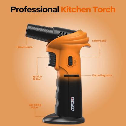 Butane Torch Lighter – Refillable Adjustable Flame Torch with 0‑90° Rotating Head, Safety Lock & Continuous Flame – Kitchen Torch for Creme Brulee, Soldering, BBQ & DIY Crafts (Orange and Black) - Available at All In One Marketplace Canada