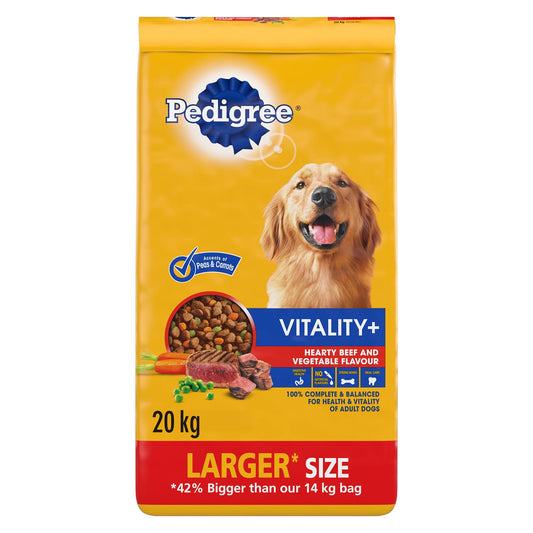 PEDIGREE Vitality+ Dry Food for Adult Dogs, Hearty Beef & Vegetable Flavour, 20kg Bag