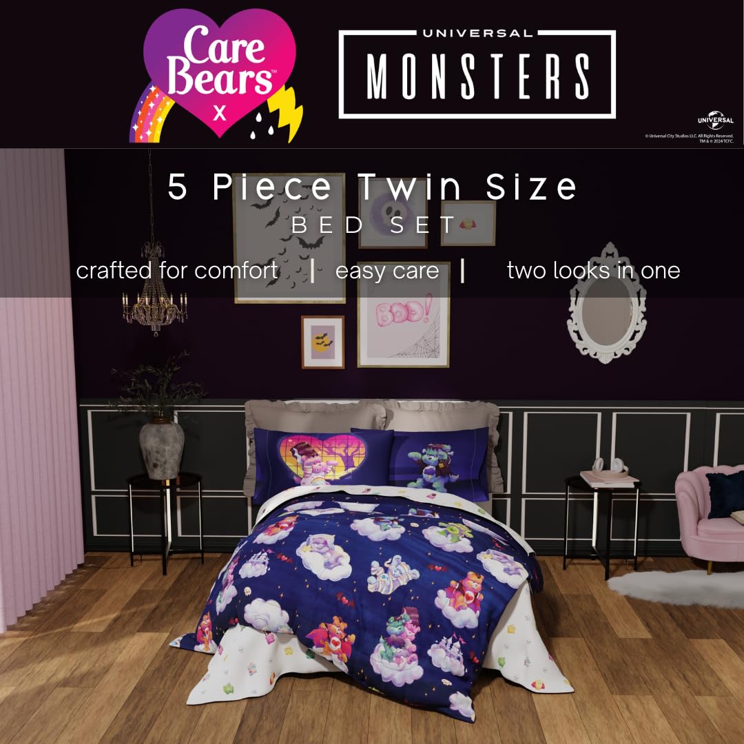 Parure de lit Franco Care Bears x Universal Monsters pour Halloween, 5 pièces, ultra-douce et confortable, avec couette réversible, draps et taie d'oreiller, taille lit simple, (produit sous licence officielle)