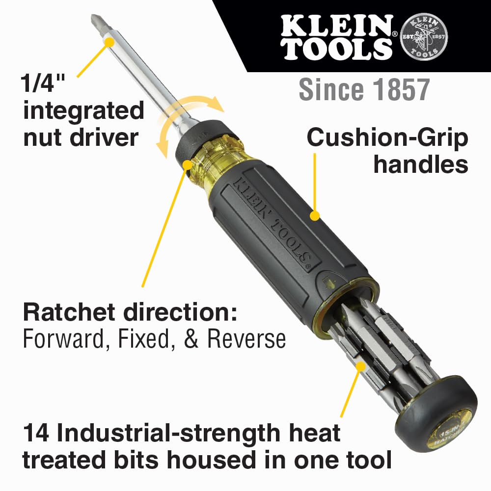 Klein Tools 32305 Multi-bit Ratcheting Screwdriver, 15-in-1 Tool with Phillips, Slotted, Square, Torx and Combo Bits and 1/4-Inch Nut Driver KLEIN TOOLS