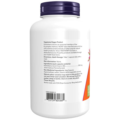 NOW Supplements, Pantothenic Acid (Vitamin B-5) 500 mg, B-Complex Vitamin, 250 Capsules