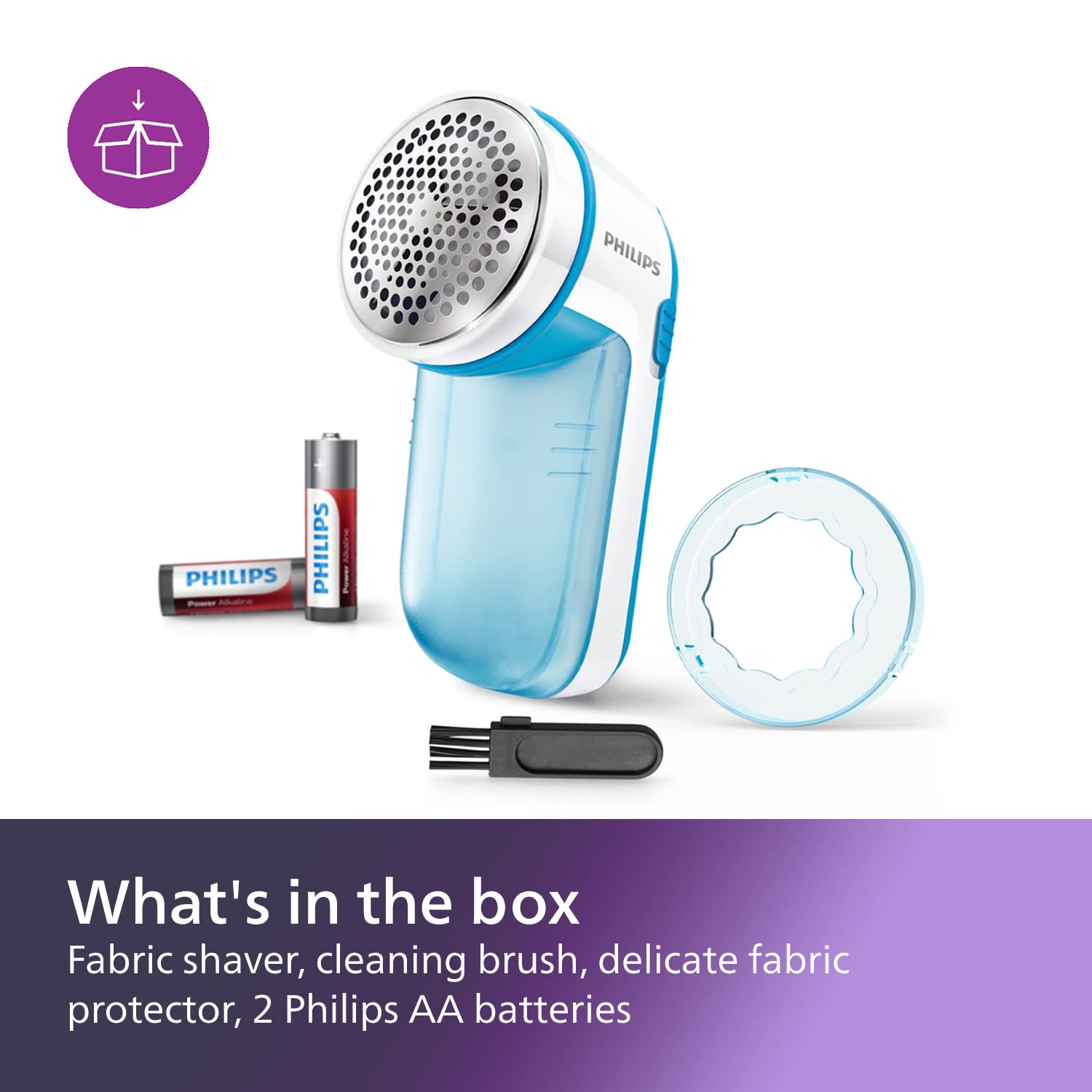Philips Fabric Shaver, Removes Fabric Pills, Suitable for All Garments, Large Blade Surface, Cleaning Brush, Includes Batteries, Blue (GC026/00) - Available at All In One Marketplace Canada
