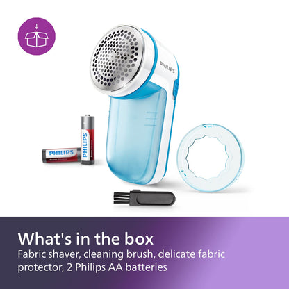 Philips Fabric Shaver, Removes Fabric Pills, Suitable for All Garments, Large Blade Surface, Cleaning Brush, Includes Batteries, Blue (GC026/00) - Available at All In One Marketplace Canada