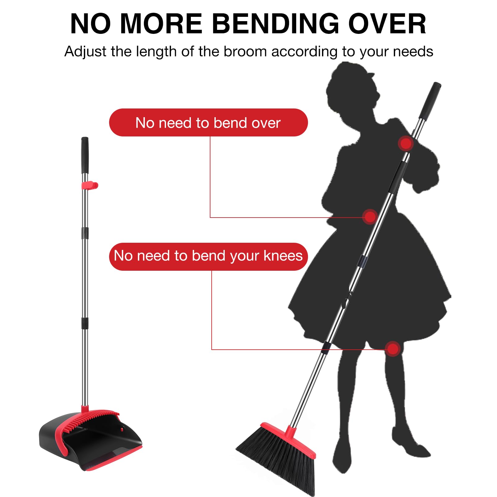 Broom and Dustpan Set, 52-in Long Adjustable Handle Broom Dustpan Combo with Dustpan Teeth to Automatically Clean Hair Suitable for Home Kitchen Office Hall Floor（Black&Red） - Available at All In One Marketplace Canada