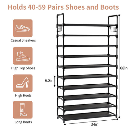 10 Tier Shoe Rack, Large Capacity Tall Shoe Storage Organizer Holds 50-55 Pairs Shoes and Boots, Vertical Shoe Shelf Cabinet with Versatile Hooks for Closet Entryway Garage Bedroom - Available at All In One Marketplace Canada