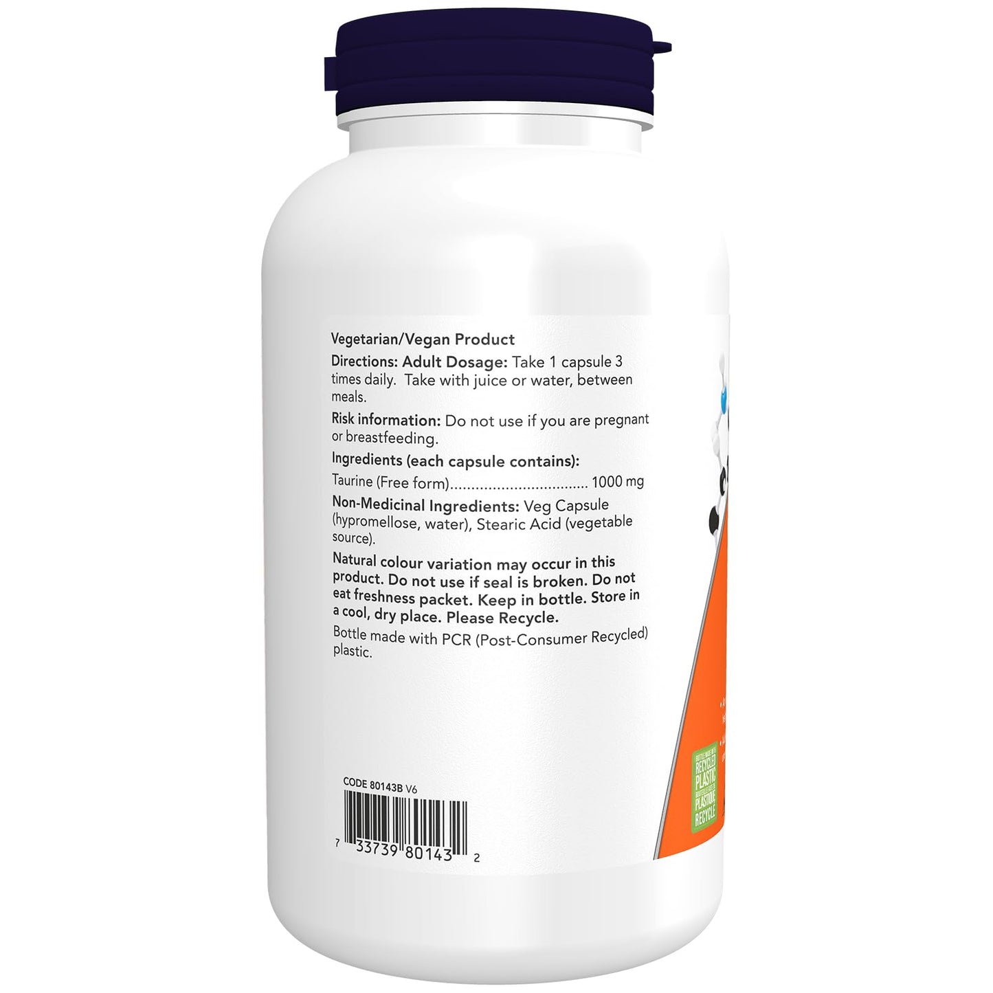 NOW Supplements, Taurine 1,000 mg, Double Strength, Nervous System Health, 250 Veg Capsules NOW