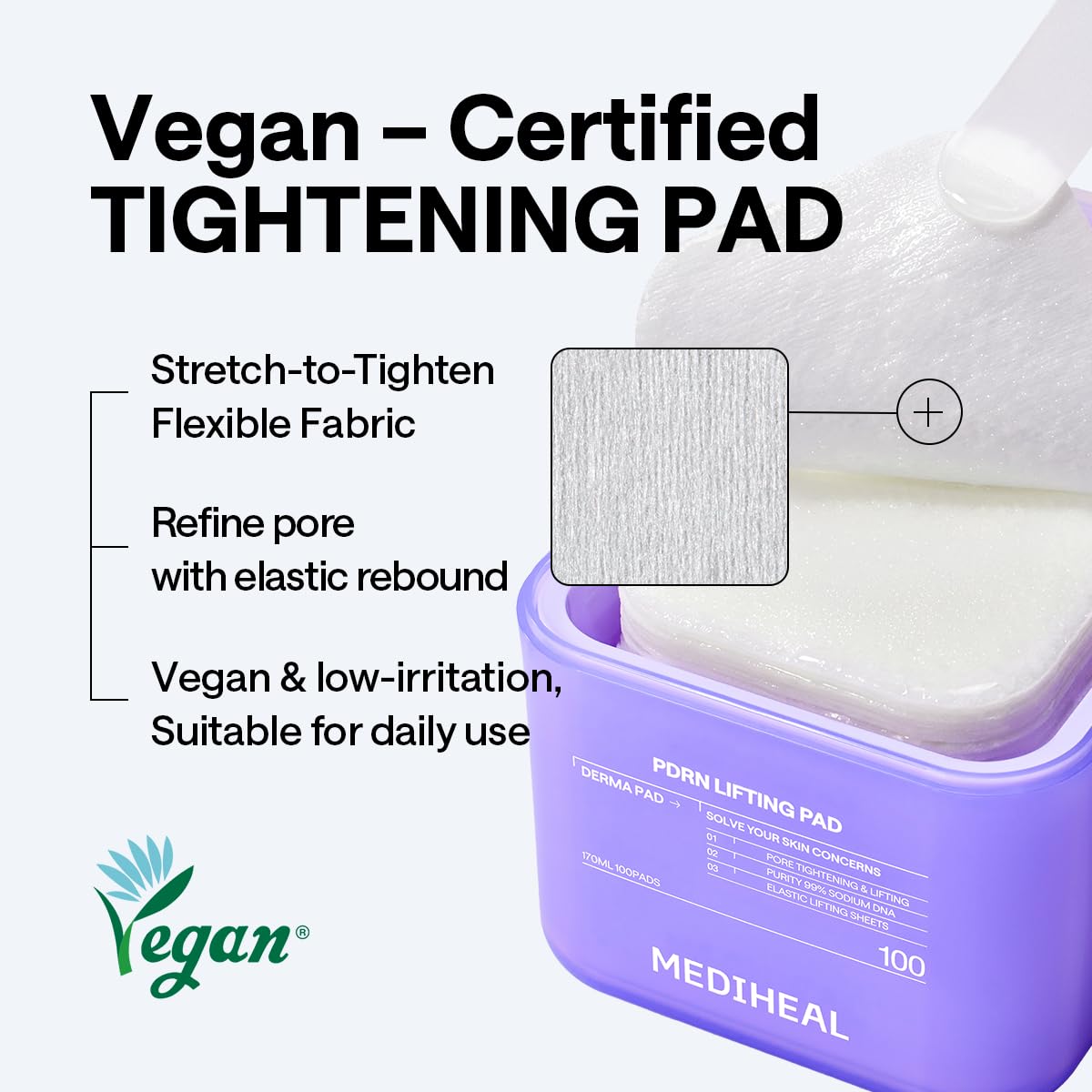 MEDIHEAL PDRN Lifting Toner Pads – Pore Tightening with Plant-Based PDRN, Peptide, Glutathione & PHA, Pore Care, Firming & Wrinkle Care, Stretchy Lifting Fabric, Korean Skin Care, 100 Pads