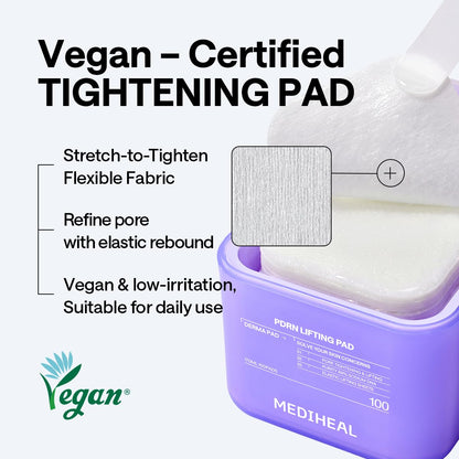 MEDIHEAL PDRN Lifting Toner Pads – Pore Tightening with Plant-Based PDRN, Peptide, Glutathione & PHA, Pore Care, Firming & Wrinkle Care, Stretchy Lifting Fabric, Korean Skin Care, 100 Pads