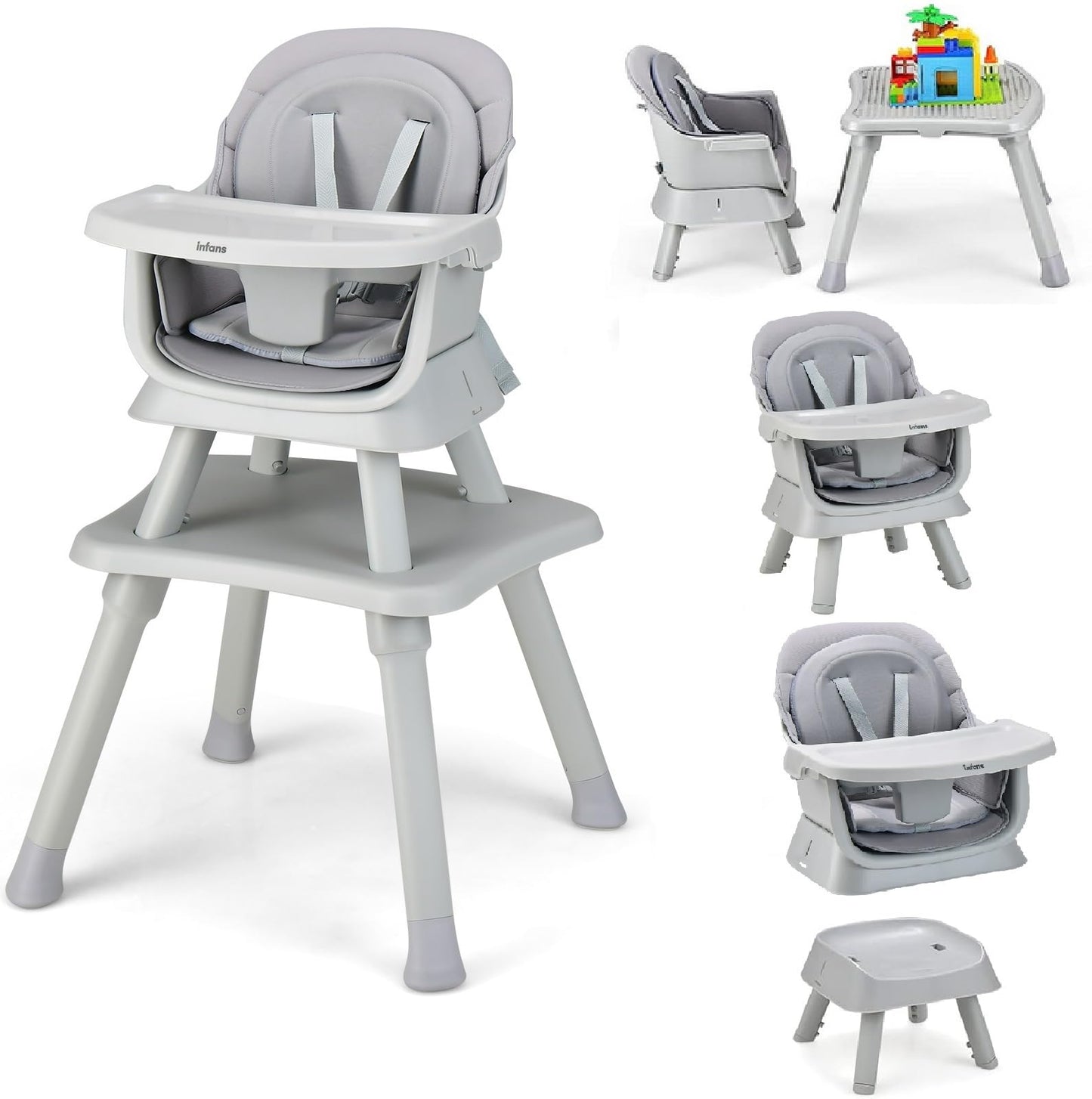 INFANS 8 in 1 Baby High Chair, Convertible Highchair for Babies and Toddlers, Infant Dining Booster Seat, Building Block Table, Kids Stool Table Chair Set with Removable Tray (Grey) INFANS