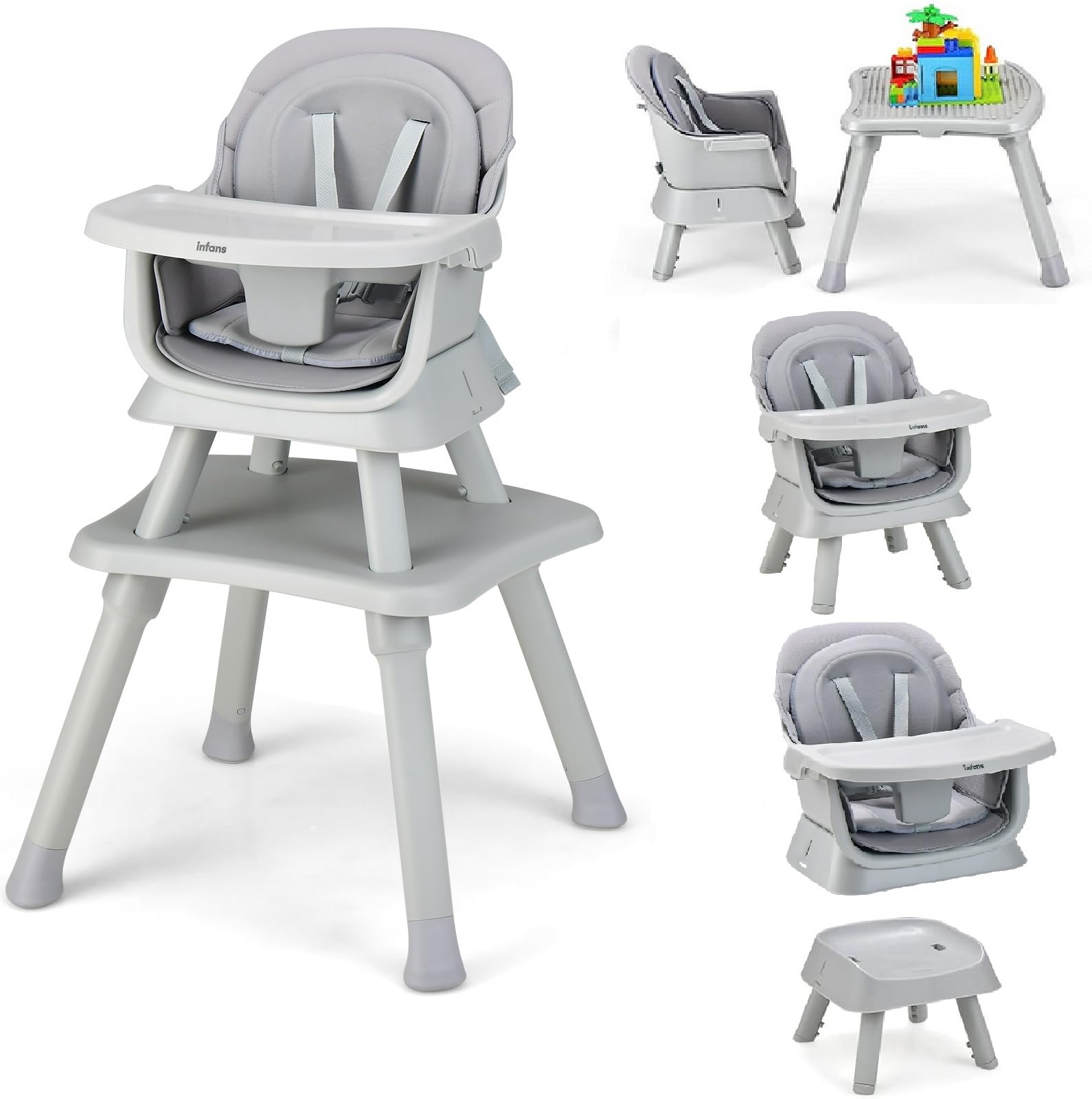 INFANS 8 in 1 Baby High Chair, Convertible Highchair for Babies and Toddlers, Infant Dining Booster Seat, Building Block Table, Kids Stool Table Chair Set with Removable Tray (Grey) INFANS