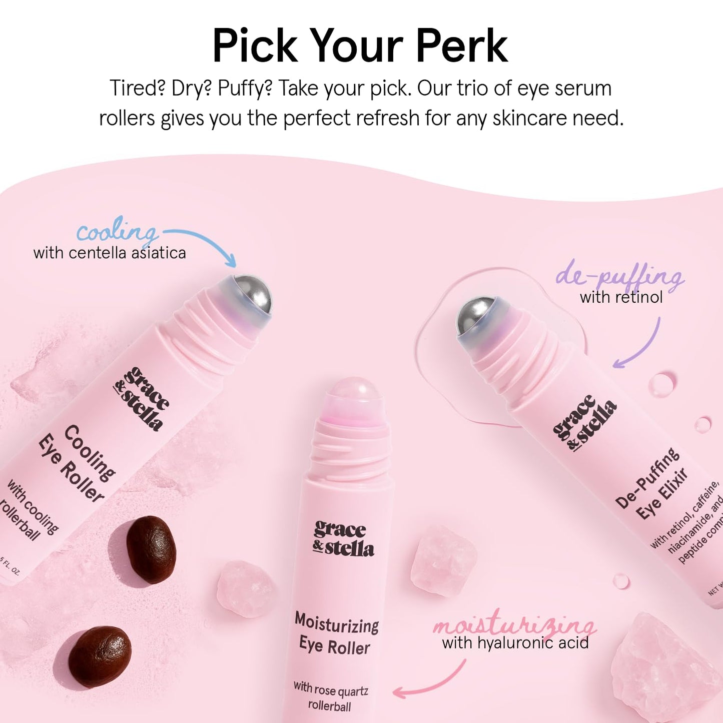 grace & stella Eye Serum Roller with Rose Quartz Rollerball - Hyaluronic Acid & Caffeine Under Eye Cream for Dark Circles & Puffiness - Airplane Travel Essentials - Vegan Skincare (15ml / 0.51floz)