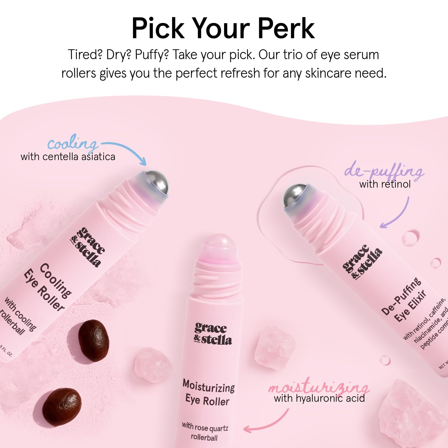grace & stella Eye Serum Roller with Rose Quartz Rollerball - Hyaluronic Acid & Caffeine Under Eye Cream for Dark Circles & Puffiness - Airplane Travel Essentials - Vegan Skincare (15ml / 0.51floz)