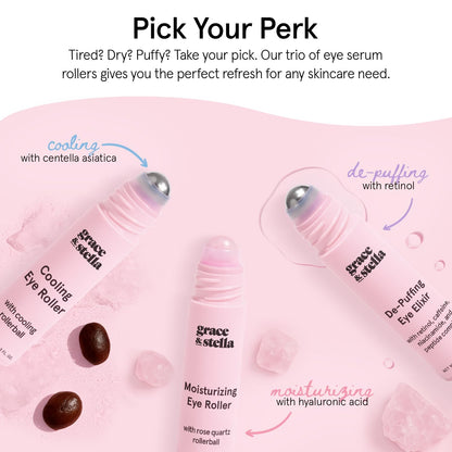 grace & stella Eye Serum Roller with Rose Quartz Rollerball - Hyaluronic Acid & Caffeine Under Eye Cream for Dark Circles & Puffiness - Airplane Travel Essentials - Vegan Skincare (15ml / 0.51floz)