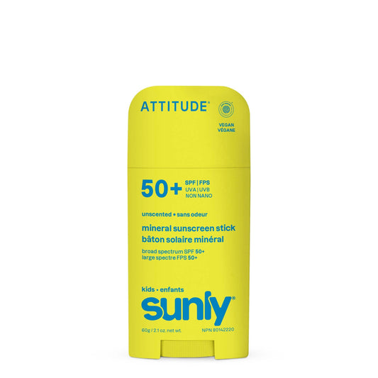 ATTITUDE Kids Mineral Sunscreen Stick SPF 50, Broad Spectrum Zinc Oxide, EWG Verified, Non-Nano, Mess-Free Stick for Face & Body, Lightweight Non-Greasy, Vegan, Unscented, 60 grams